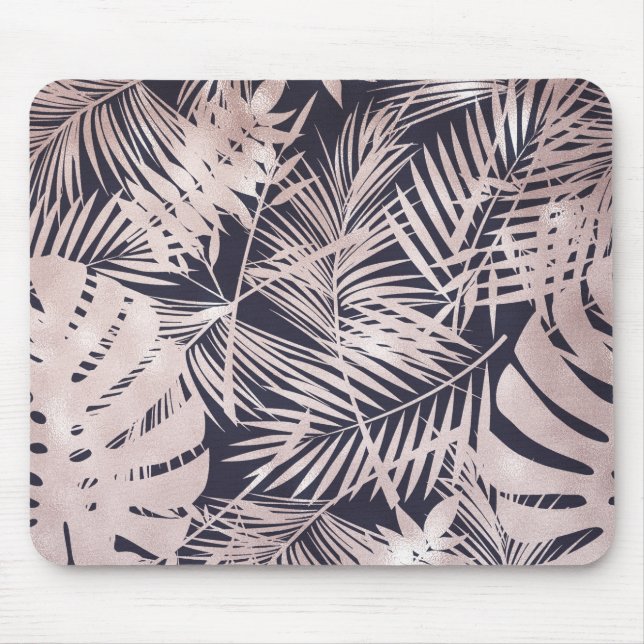 Tapis De Souris Feuilles de palmier tropical rose doré foncé (Devant)