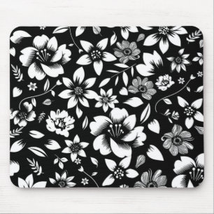 Tapis De Souris Feuilles floraux modernes en noir blanc