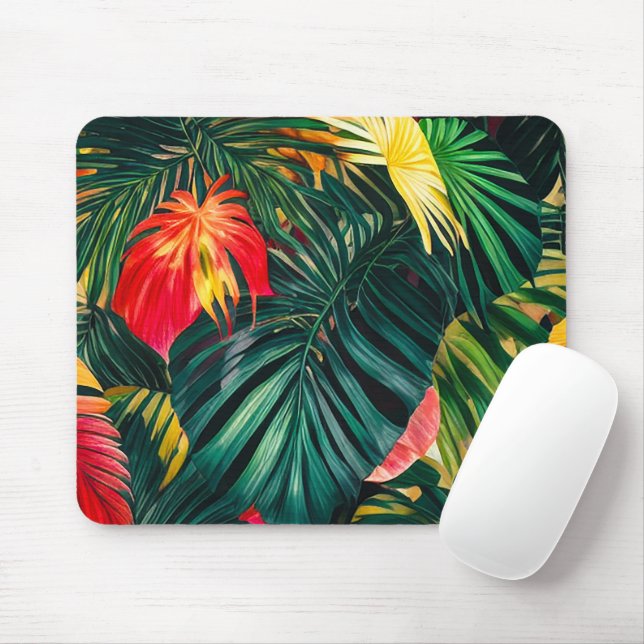 Tapis De Souris Feuilles tropicaux colorés et fleurs d'Hibiscus | (Avec souris)
