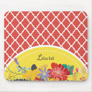 Tapis De Souris Fiesta Rouge Floral Quatrefoil d'été avec nom
