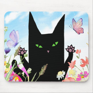 Tapis De Souris Fièvre du printemps du chat noir : chaton et fleur