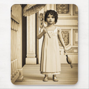 Tapis De Souris Fille à la ombrelle dans un style sépia vintage