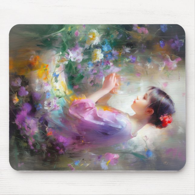 Tapis De Souris Fille admirant une fleur dans ses mains (Devant)