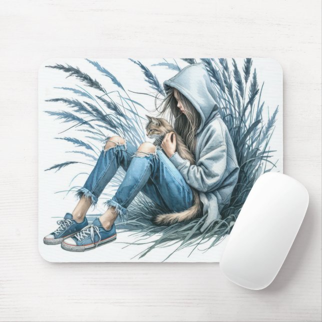 Tapis De Souris Fille Ado avec chat animal (Avec souris)