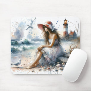 Tapis De Souris Fille aquarelle romantique près d'un phare