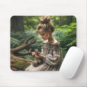 Tapis De Souris Fille Avec Écureuil Dans Le Bois