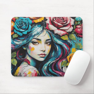 Tapis De Souris Fille avec Roses dans son style d'aquarelle cheveu