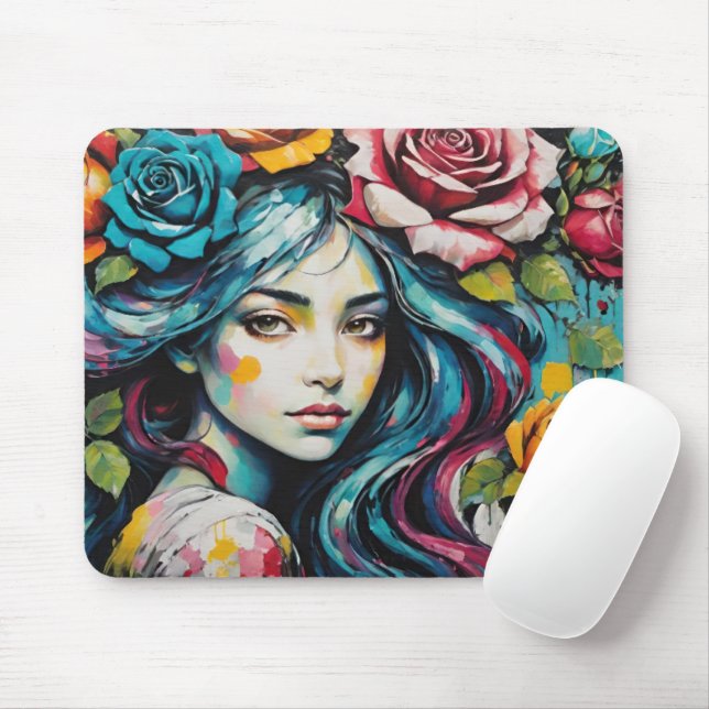 Tapis De Souris Fille avec Roses dans son style d'aquarelle cheveu (Avec souris)