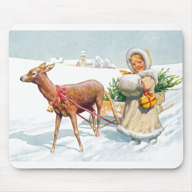 Tapis De Souris Fille avec traîneau à Noël (Devant)