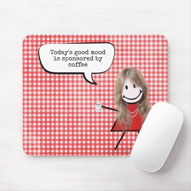 Tapis De Souris Fille Bâton Avec Tasse à Café sur Gingham  (Avec souris)