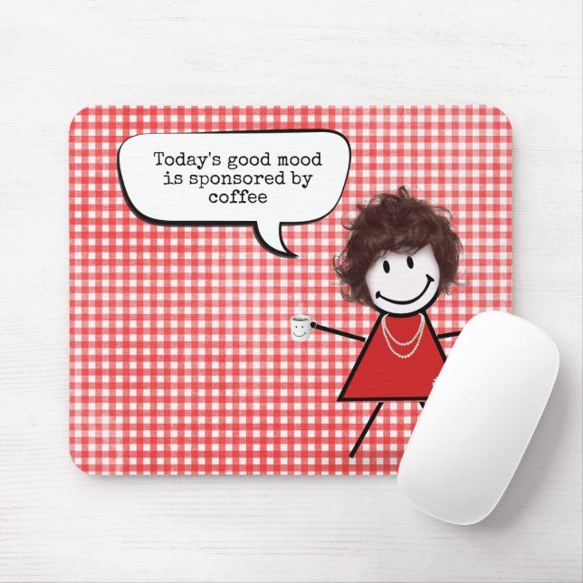 Tapis De Souris Fille Bâton Avec Tasse De Café Sur Gingham (Avec souris)