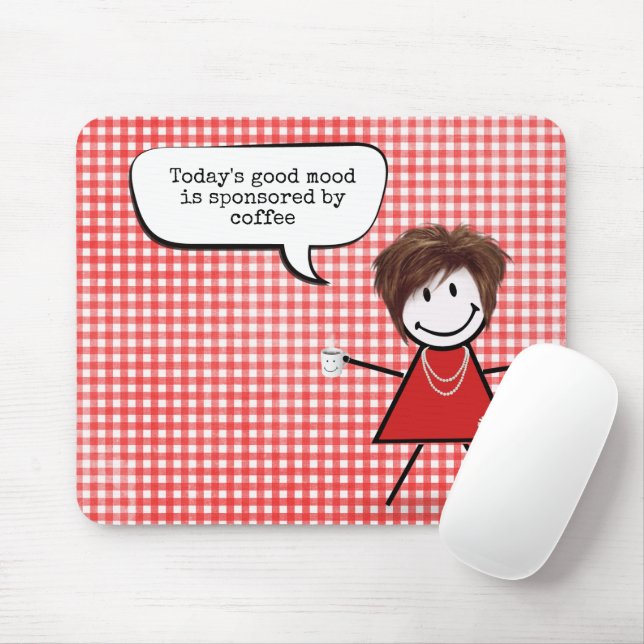 Tapis De Souris Fille Bâton Avec Tasse De Café Sur Gingham  (Avec souris)