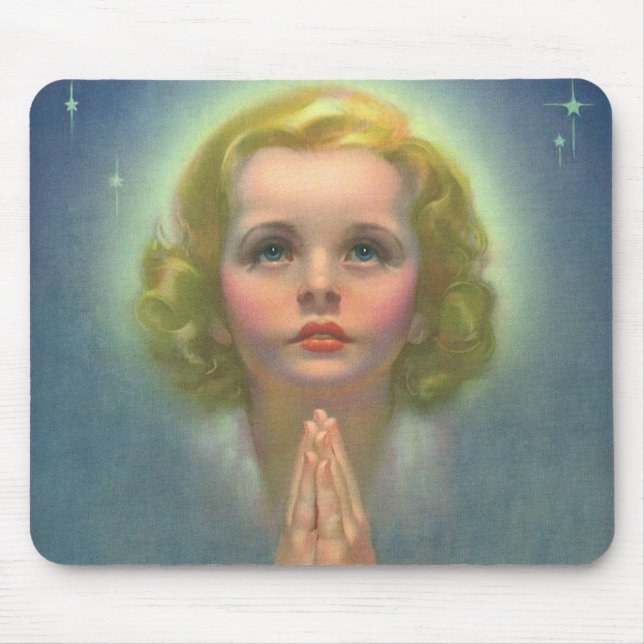 Tapis De Souris Fille blonde angélique avec halo et étoiles priant (Devant)