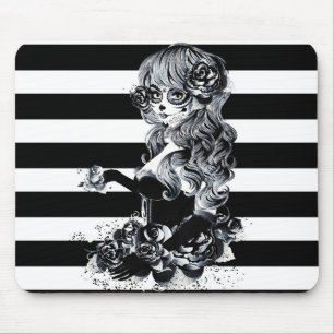 Tapis De Souris Fille Crâne Sucre Jolie Rayée Noir & Blanc