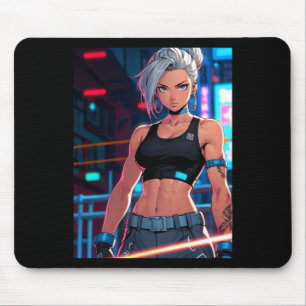 Tapis De Souris Fille Cyberpunk Anime Rétro Combattante de Rue Néo