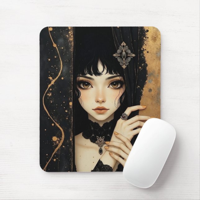 Tapis De Souris Fille d'anime gothique noir et or (Avec souris)
