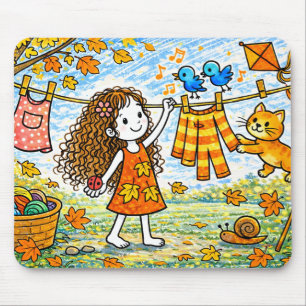 Tapis de souris Fille d'automne Linge Chat