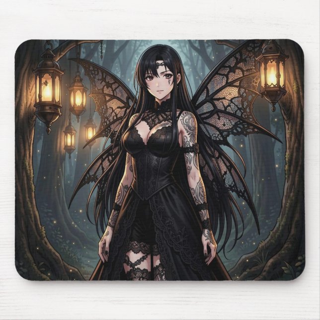 Tapis De Souris Fille de fée d'anime gothique dans une forêt encha (Devant)