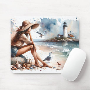 Tapis De Souris Fille de la plage côtière et phare