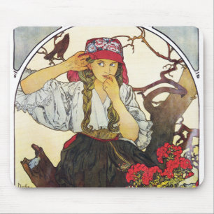 Tapis De Souris Fille et géranium, Mucha
