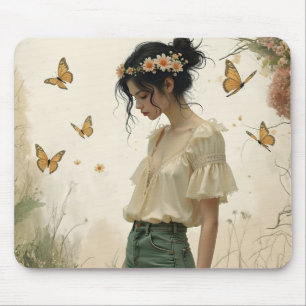 Tapis De Souris Fille éthérée avec papillons dans la nature