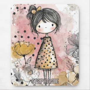 Tapis De Souris Fille Fantaisiste Aquarelle aux Accents Floraux (1