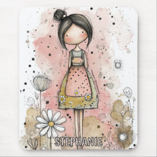 Tapis De Souris Fille Fantaisiste Aquarelle aux Accents Floraux (4
