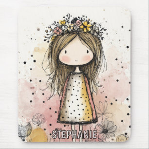 Tapis De Souris Fille Fantaisiste Aquarelle aux Accents Floraux (6