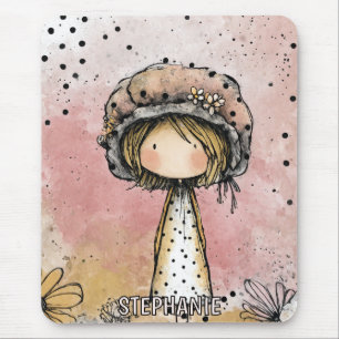 Tapis De Souris Fille Fantaisiste Aquarelle aux Accents Floraux (7
