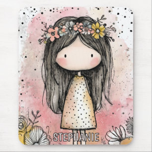 Tapis De Souris Fille Fantaisiste Aquarelle avec Accents Floraux (