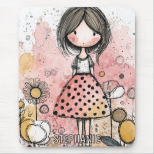 Tapis De Souris Fille Fantaisiste Aquarelle avec Accents Floraux (