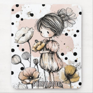 Tapis De Souris Fille Fantaisiste Aquarelle avec Accents Floraux (