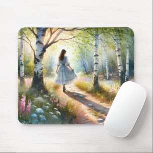 Tapis De Souris Fille Fantaisiste Dançant à Travers une Forêt de B