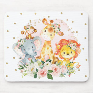 Tapis De Souris Fille Jungle Safari Animaux Blush Gold Flowers