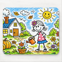 Tapis de souris Fille mignonne arrosant des fleurs
