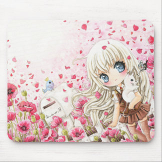 Tapis De Souris Fille mignonne avec le chat blanc sur le gisement