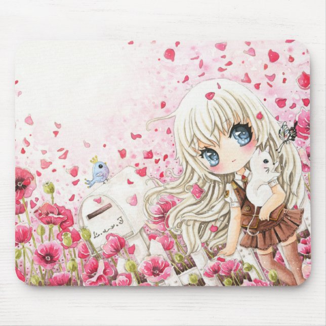 Tapis De Souris Fille mignonne avec le chat blanc sur le gisement (Devant)