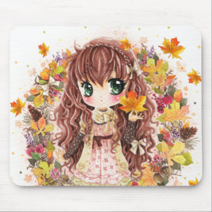 Tapis De Souris Fille mignonne d'anime avec le feuille d'automne