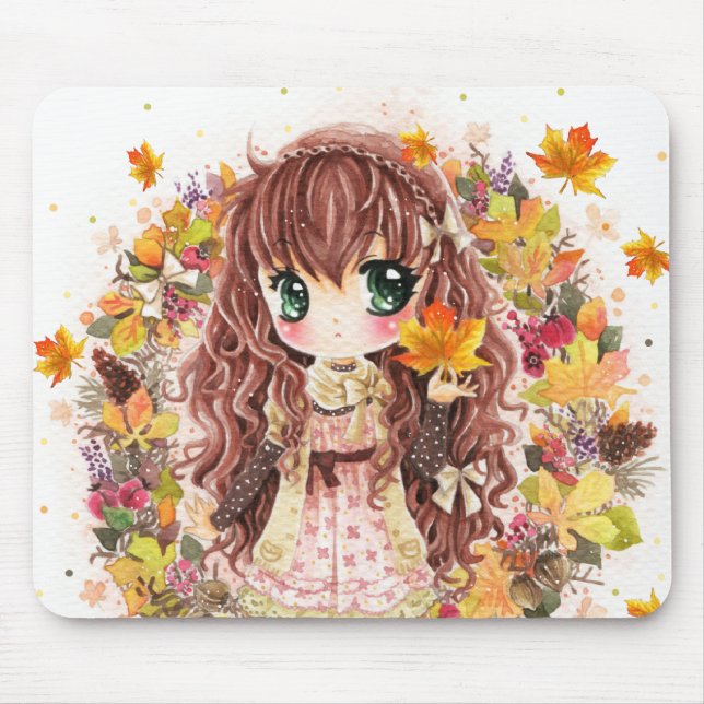 Tapis De Souris Fille mignonne d'anime avec le feuille d'automne (Devant)