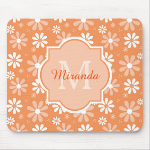 Tapis De Souris Fille Monogramme mignon Orange Daisy Fleurs et nom