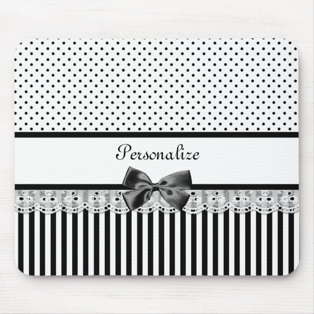 Tapis De Souris Fille Noir et Blanc Victorian Stripes Avec Nom (Devant)