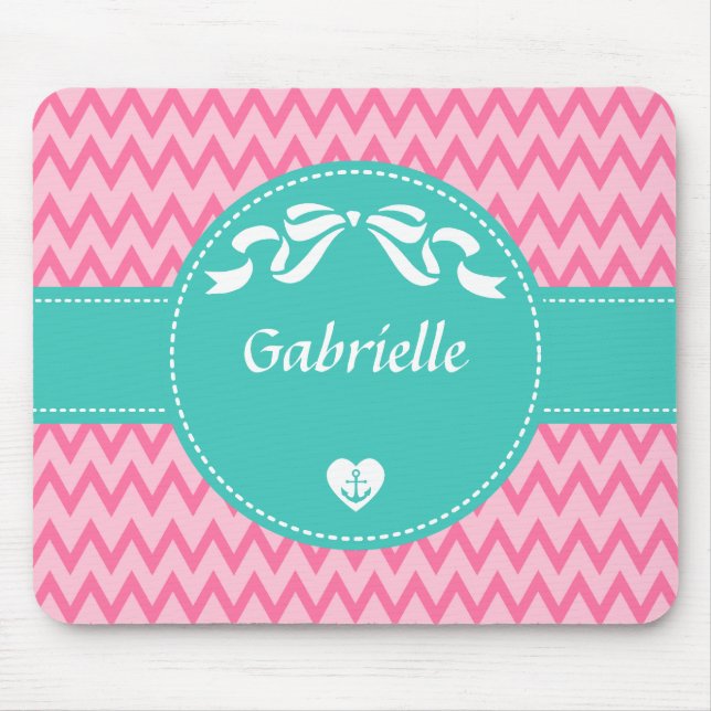 Tapis De Souris Fille Rose Chevron Motif Cute Mint Bow avec nom (Devant)