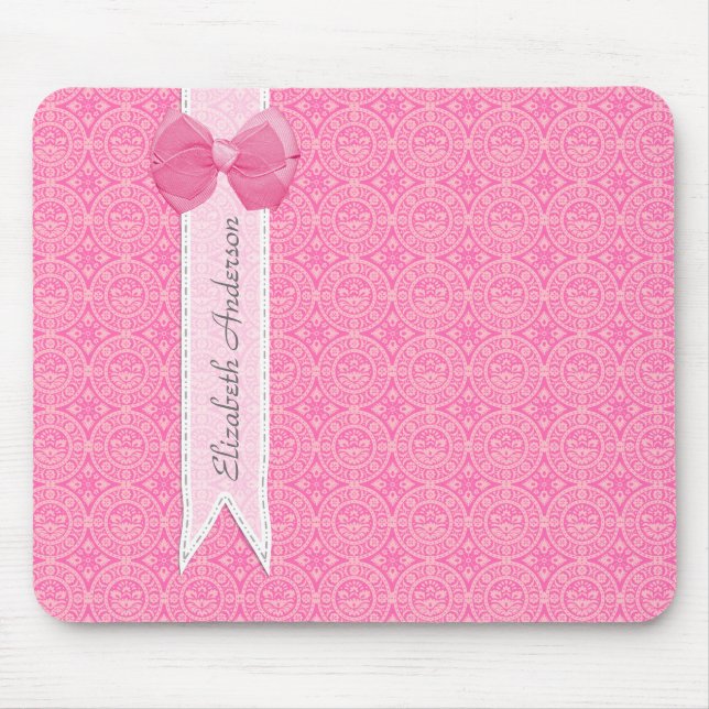 Tapis De Souris Fille Rose Damask Motif Cute Bow Avec Nom (Devant)