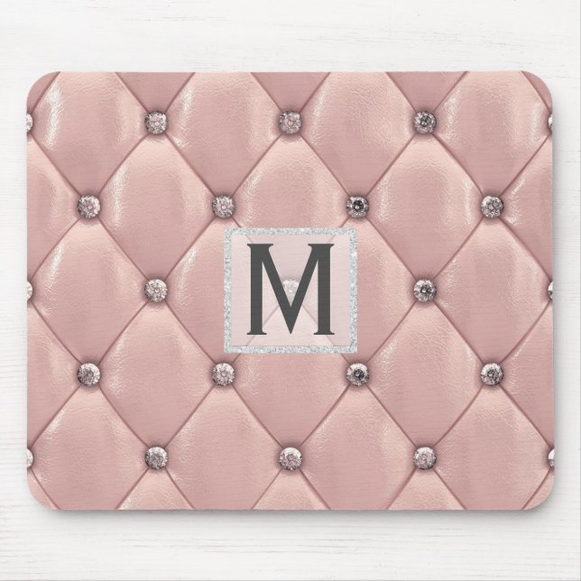 Tapis De Souris Fille Rose Or Faux Cuir|Diamants Monogramme (Devant)