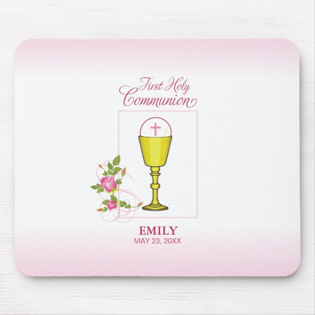 Tapis De Souris Fille Rose Première Communion, Calice, Hostie, Ros (Devant)