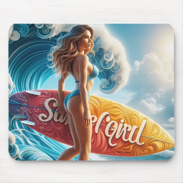 Tapis De Souris Fille surfeuse confiante marchant sur les vagues d (Devant)