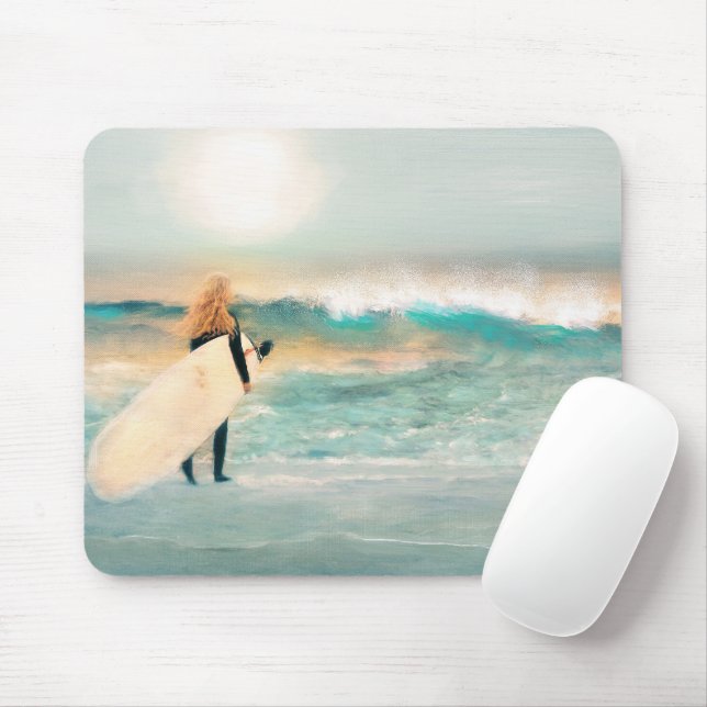 Tapis De Souris Fille surfeuse vagues de plage (Avec souris)