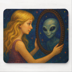 Tapis De Souris Fille surréaliste tenant un miroir avec un reflet
