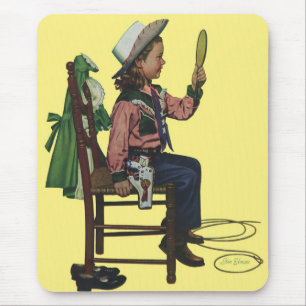 Tapis De Souris Fille Vintage Cowgirl Regardant Miroir Elle est si