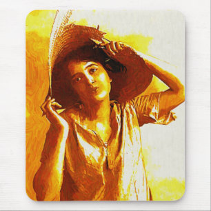 Tapis De Souris Fille vintage dans la paille Casquette de la souri